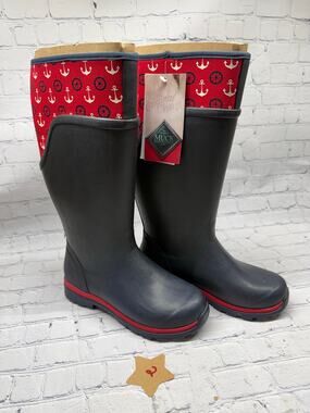 NWT Muck Boot Cambridge Tall Rain Boots Navy Nautical Anchor Print Women's 5